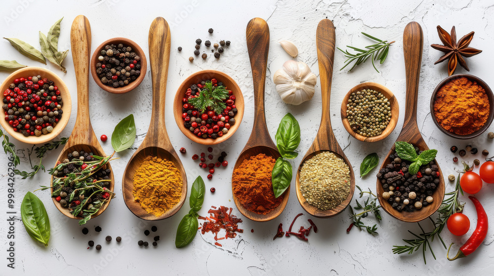row of spoons with spices on them row of spoons with spices on them