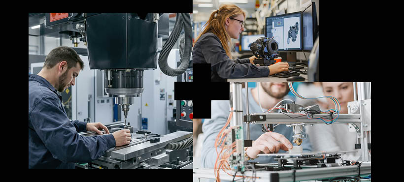 Collage of mechanical engineering students working on CAD drawing designs and mechanical equipment Collage of mechanical engineering students working on CAD drawing designs and mechanical equipment
