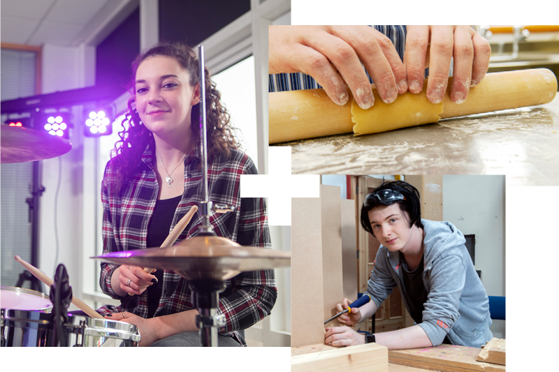 Collage of female music student playing drums; male construction student; rolling pin and hands Collage of female music student playing drums; male construction student; rolling pin and hands